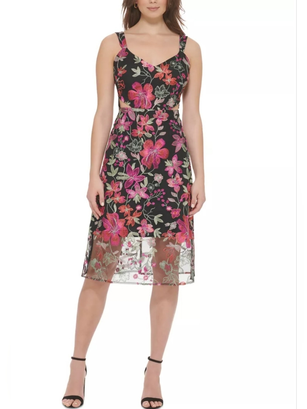 Guess Floral Embrodiery Sheer  Cut OutThi Date Night Ladies Night Out Midi Dress